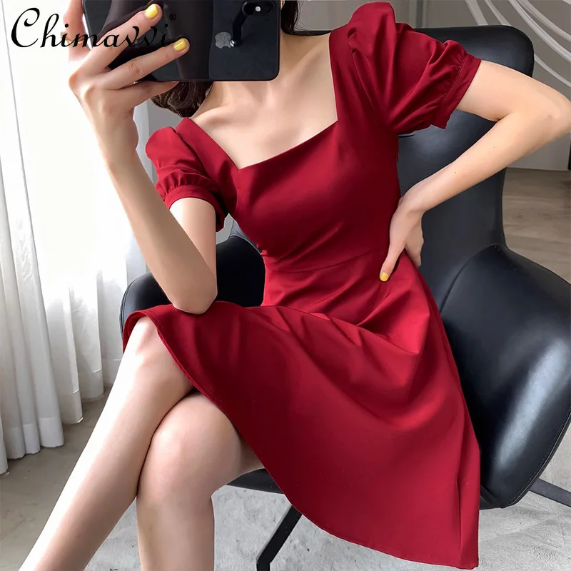 

French Elegant Commuter Business Dress Square Neck Bubble Sleeves High Waist Slim A-line Temperament Simple Short Dress Women