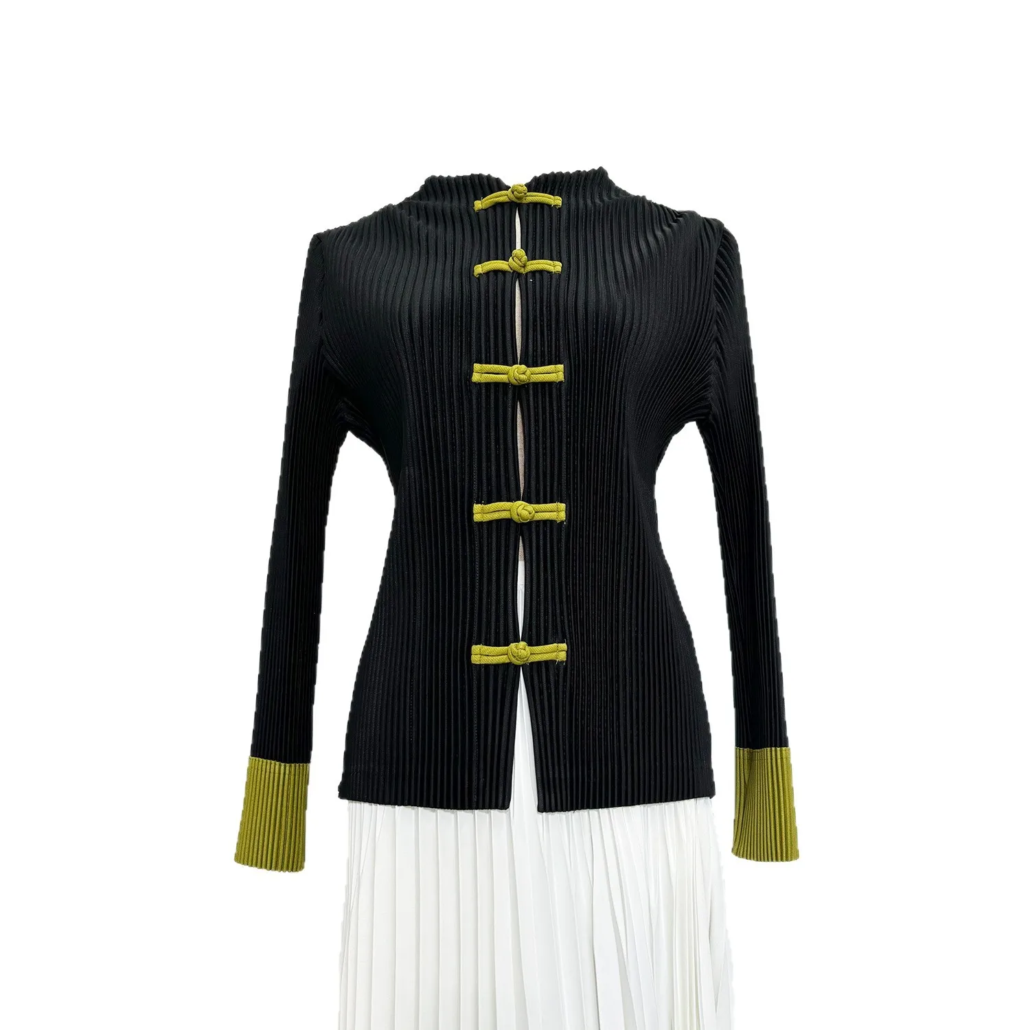 Miyake Pleated Autumn New 2025 Top Women's New Chinese Style Standing Collar Fashionable Light Luxury Elegant Pressed Button Top