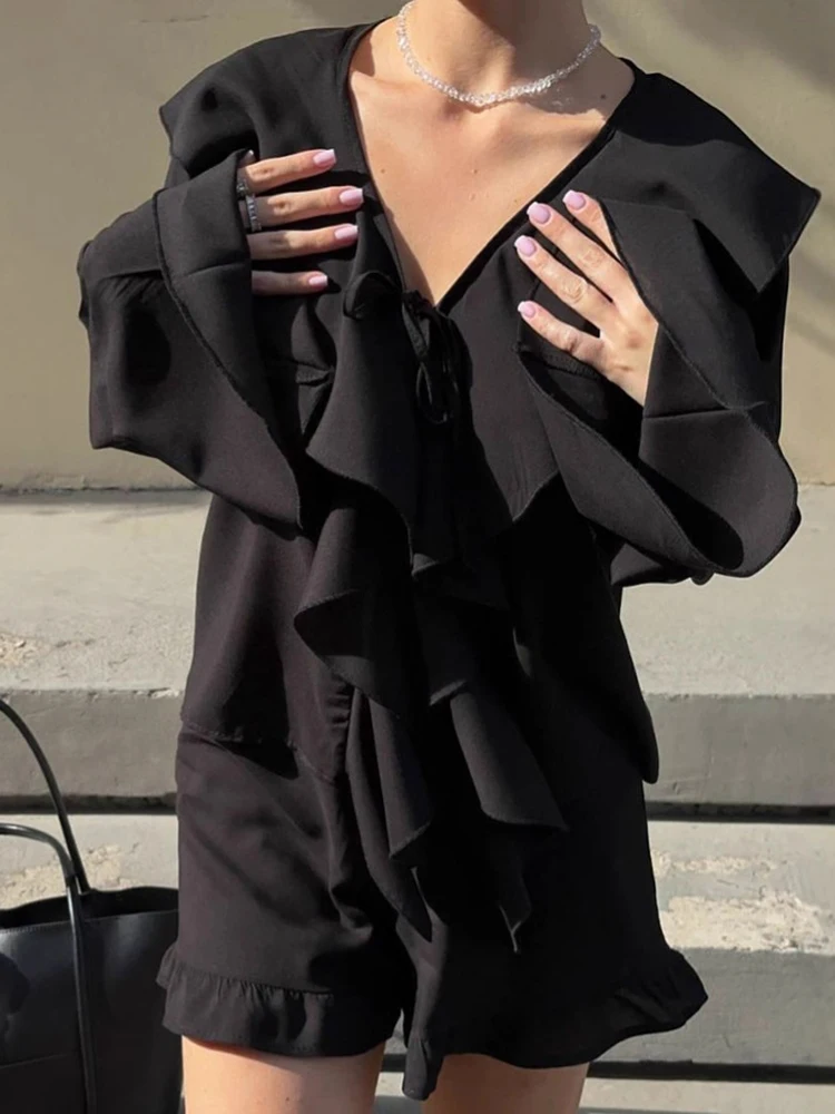 

Модные черные повседневные шорты, весенняя женская рубашка с воланами и длинными рукавами + свободные шорты с высокой талией, осенний комплект из двух предметов