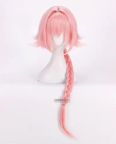 Peluca de Cosplay de Game Fate Apocryph Astolfo, peluca sintética resistente al calor rosa de 75cm, gorro de peluca y 3 nudos negros