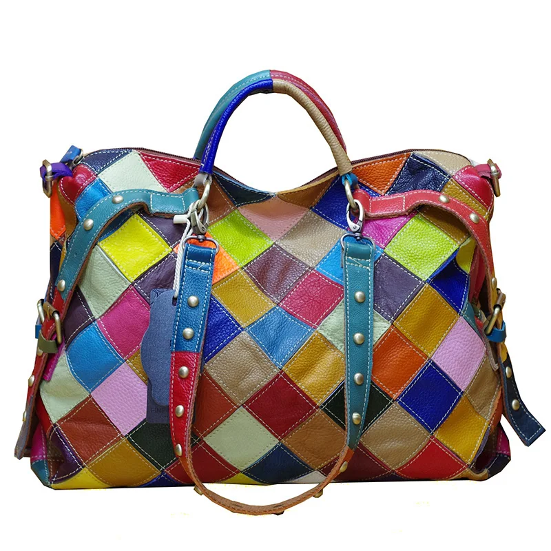 Leather cowhide color random color plaid color national style handbag shoulder crossbody bag Tote bag