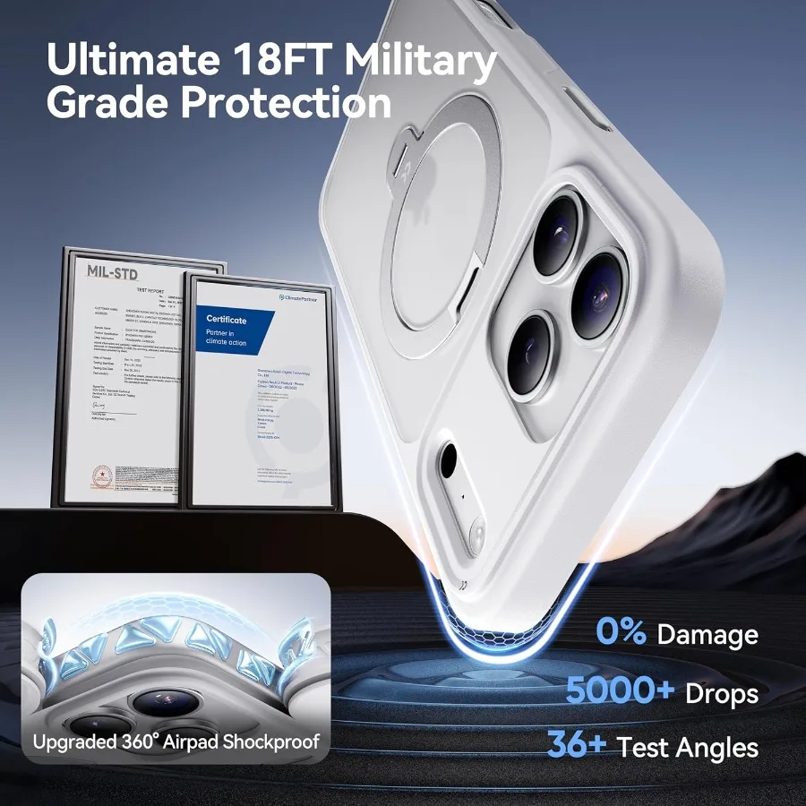 Custodia con supporto magnetico bianco con rotazione a 360 gradi con protezione di grado militare da 18 piedi e scudo per fotocamera per dispositivi 17 Pro da 6,3 pollici Slim Matte