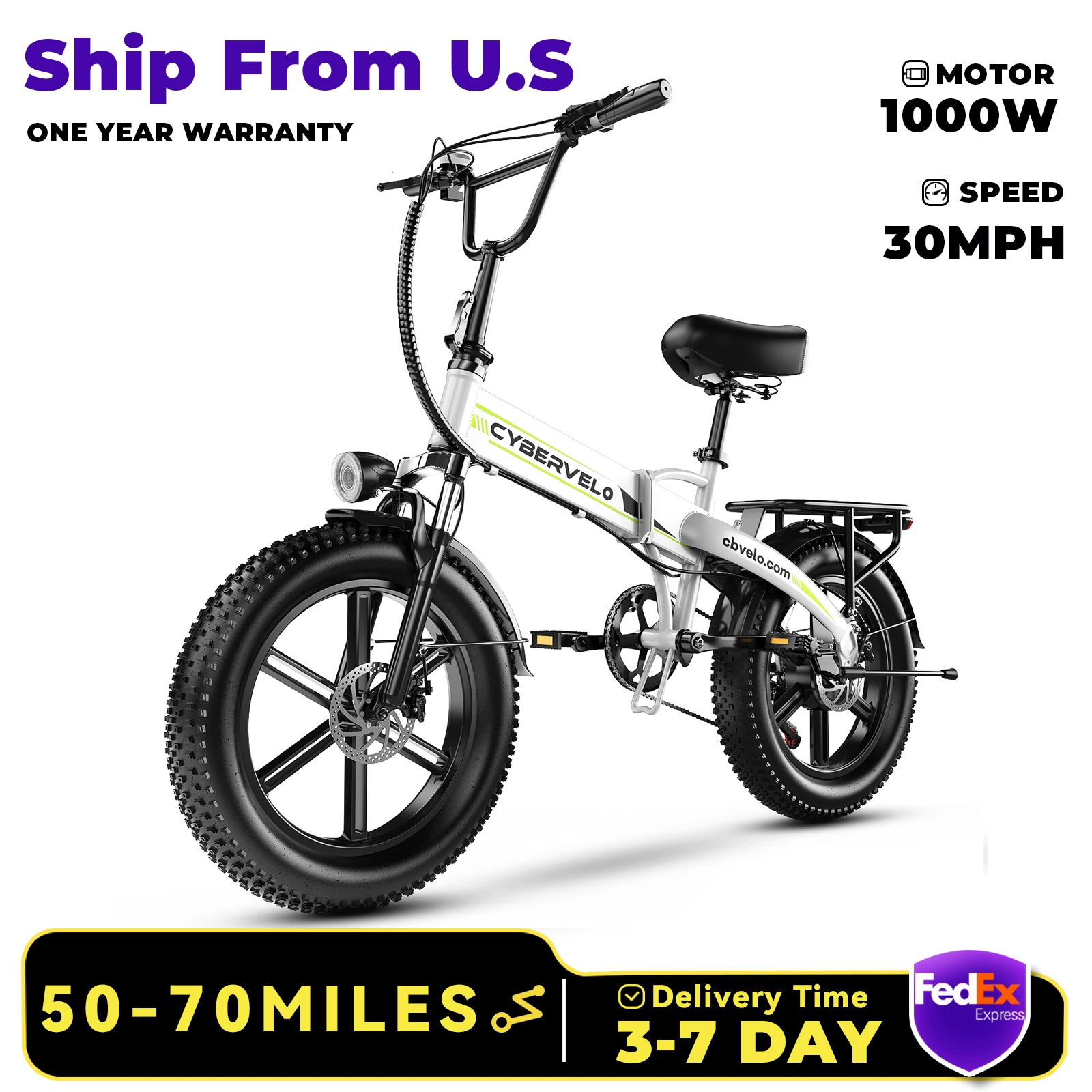 

Cybervelo EK5 20" 1000W Peak Foldable Dirt road Electric Bike, Bulit-in 16Ah Water-proof Battery for Adults, 60 Miles Long Range