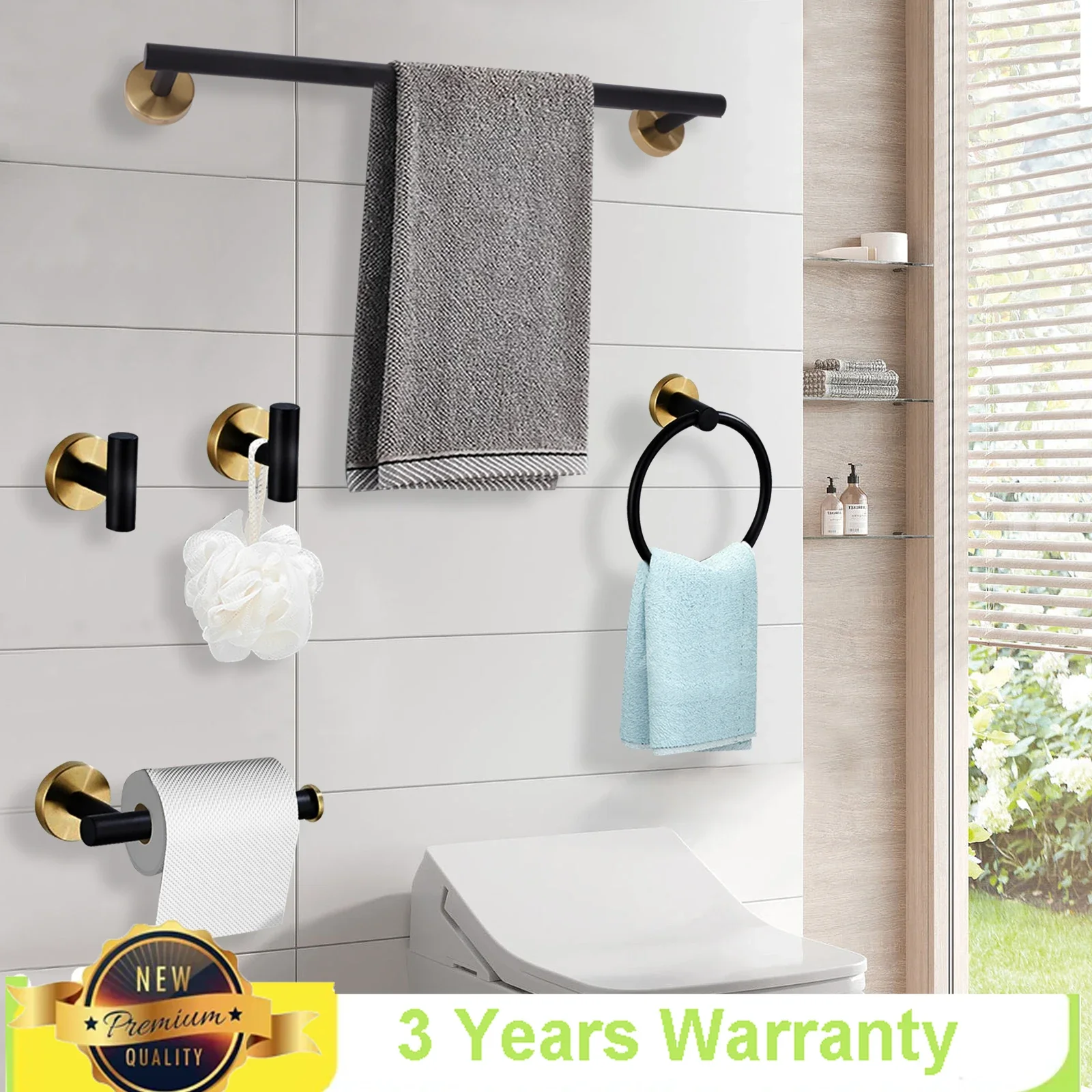 

Bymaocar Towel Bar Black Gold 5 Pieces Set, Stainless Steel Wall Mounted Bathroom Hardware Set for Bathrooms, Kitchens, Bedrooms
