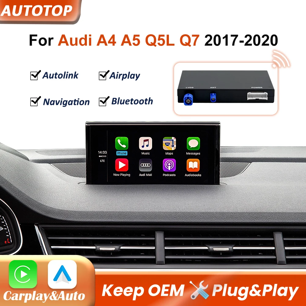 Moduł bezprzewodowego CarPlay i Android Auto do Audi A4, A5, Q5L, Q7 (roczniki 2017, 2019, 2020) – funkcje: Mirror Link, AirPlay, Bluetooth, nawigacja GPS.
