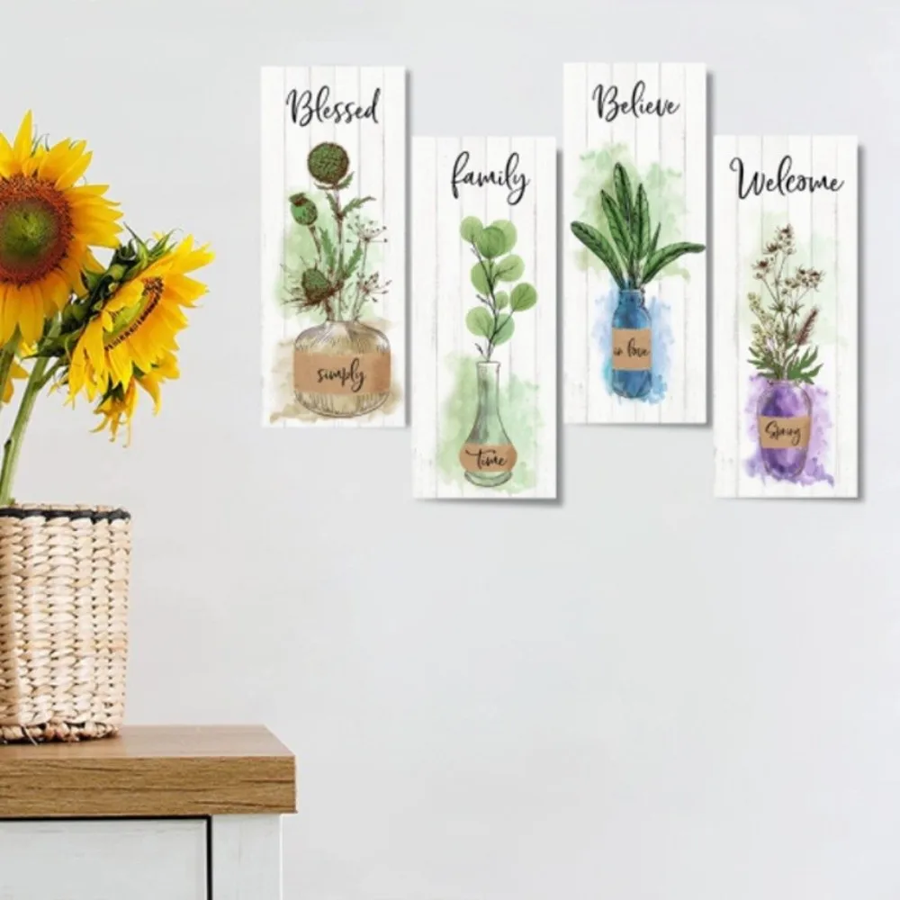 

Wall Plate Wooden Floral Wall Art Rustic Style Decorative Plants Hanging Sign Handmade Wall Decor Paintings Bathroom Decor