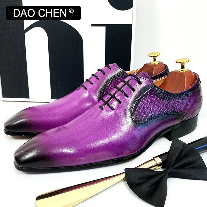 LUXURY MEN OXFORD SHOES PURPLE BLACK SNAKE SKIN PRINT MENS DRESS SHOES LACE UP POINTED TOE POLISH REAL LEATHER SHOES MEN