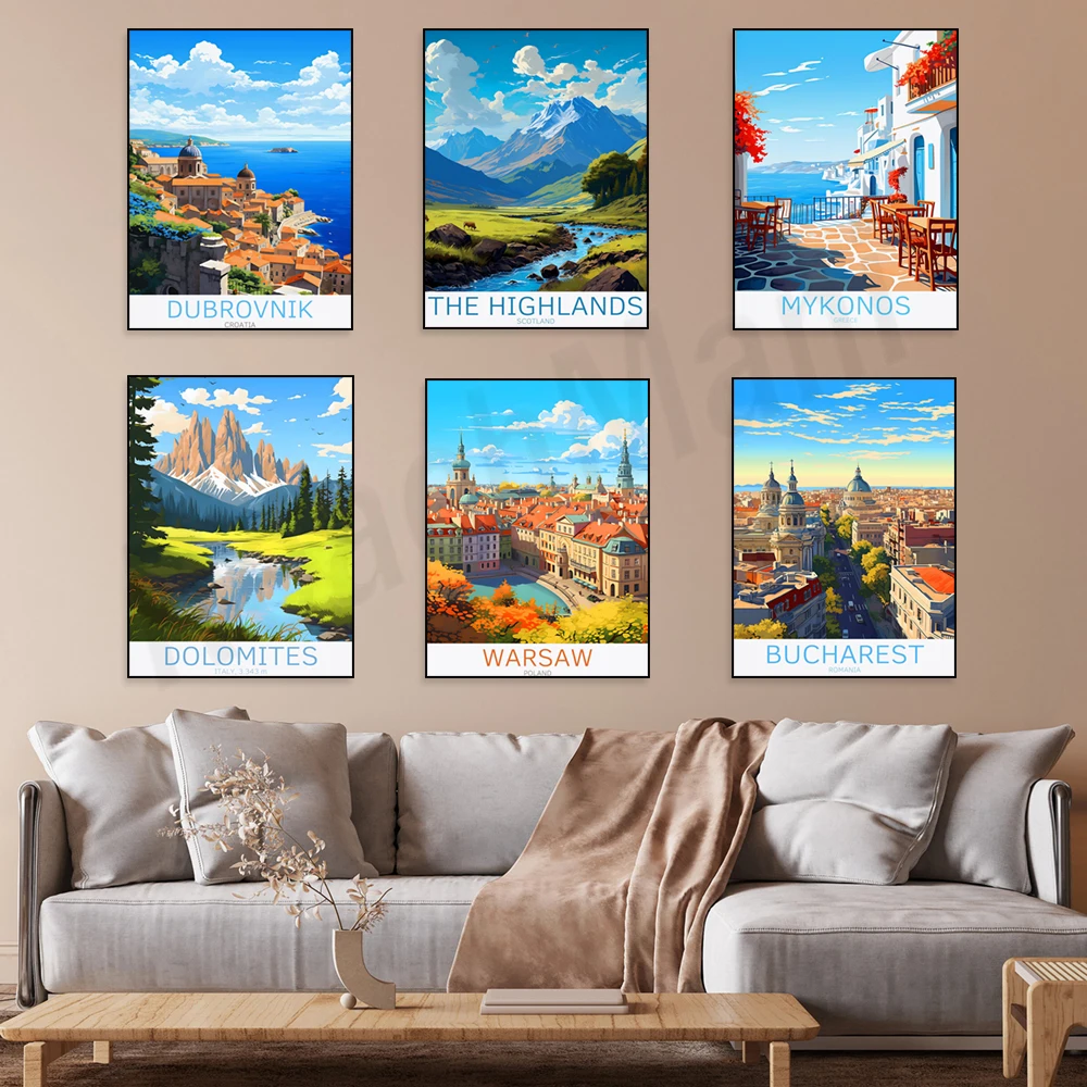 Cornwall, Warsaw Poland, Madeira, Italy, Scottish Highlands, Mykonos, Romania, Dolomites, Netherlands, Dubrovnik travel poster
