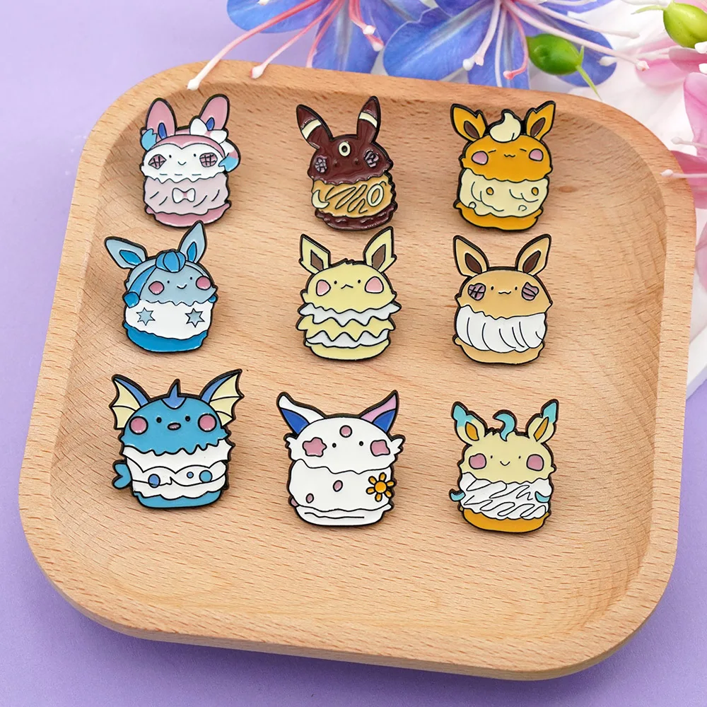 9Pcs Anime Cute Elf Eevee Enamel Pins Cartoon Fox  Cake Monster Brooch Fashion Woman Men Lapel Badge Jewelry Gifts For Friends