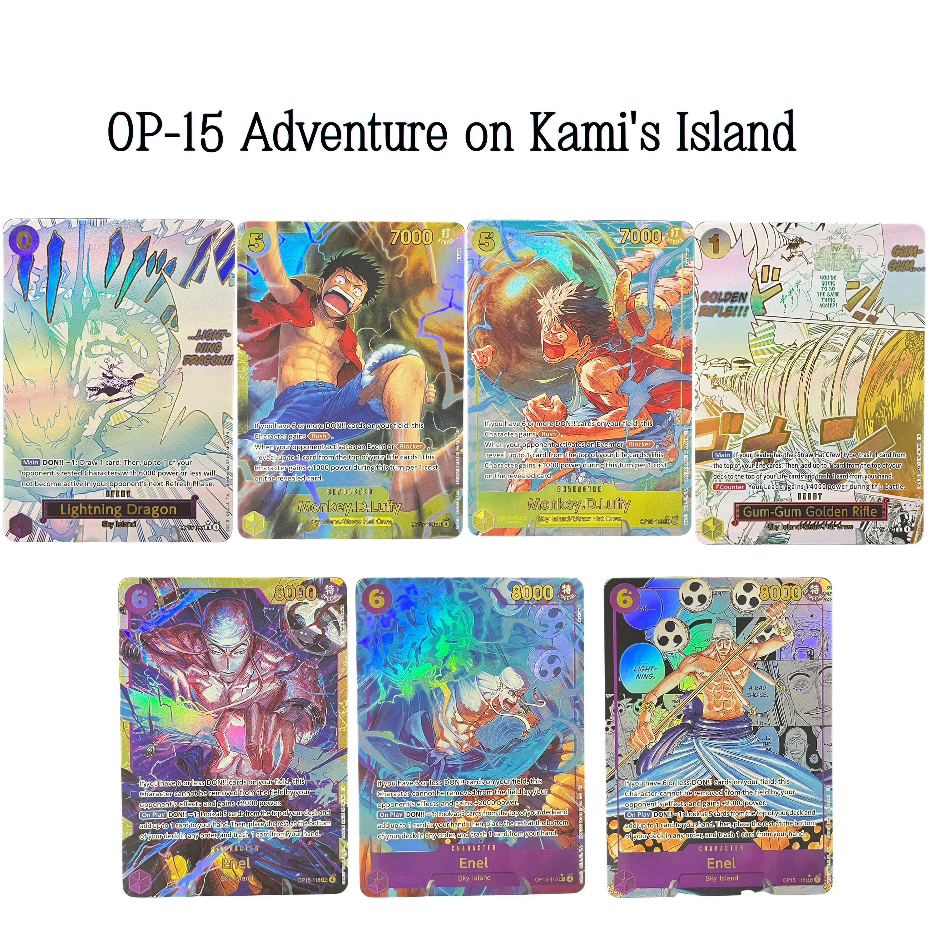 One Piece TCG OPCG English Top-Grade OP15 Cards - Adventure on Kami Island Luffy Enel Lightning Dragon Alt Art Holo Proxy Set