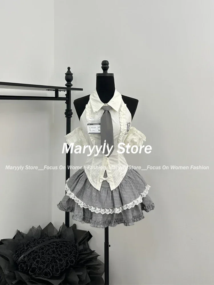 Summer Preppy Style 2 Piece Set Women Sexy Slim Hot Girls Y2k Crop Tops + Cute Elastic Mini Skirt Japanese Sweet Skirt Suits New