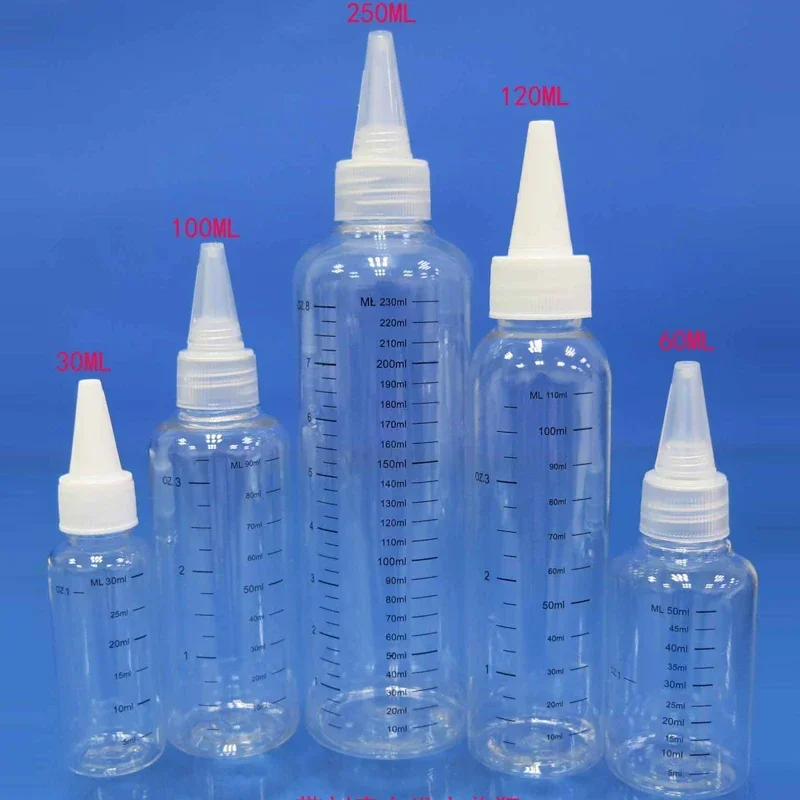 5 stks 30 ML-250 ML Lege PET Plastic Graduate Lijm Flessen met Schroef-Op Deksels Knijpbare Druppelaar Vloeibare Flessen voor Inkt Vloeibare Olie