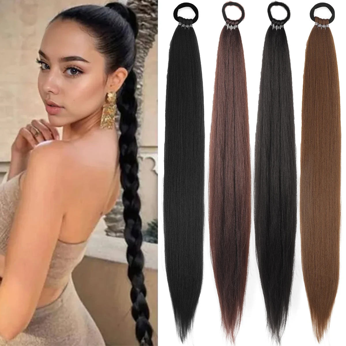 Braid DIY Ponytail Extensions Synthetic With Hair Tie Wrap Around Hair Braid Extensions Tail Rubber Band Hair Ring 28 Inch Ombre