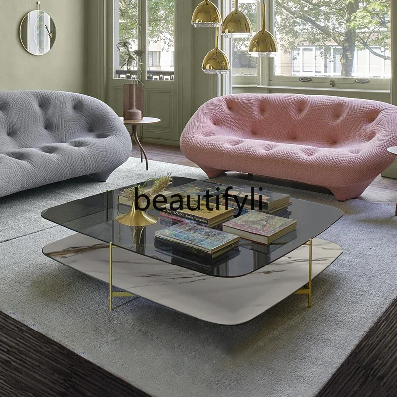 

13Square rock slab coffee table tempered glass double-layer furniture