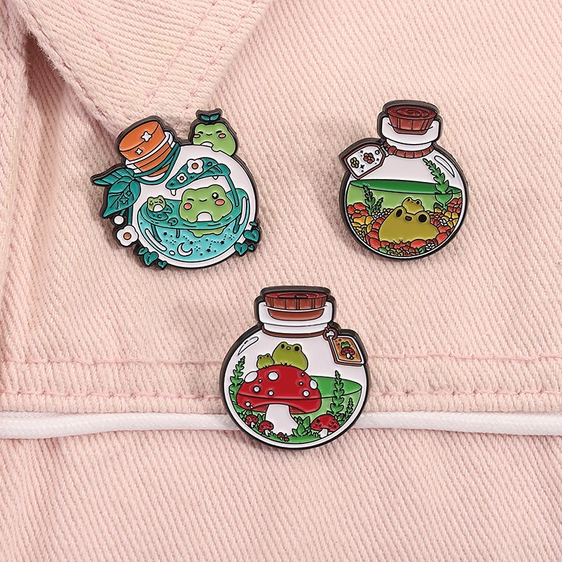 Frosch Pilz Trank Flasche Emaille Pin Kreative Cartoon Amphibie Tier Metall Broschen Revers Abzeichen Schmuck Geschenke für Freunde