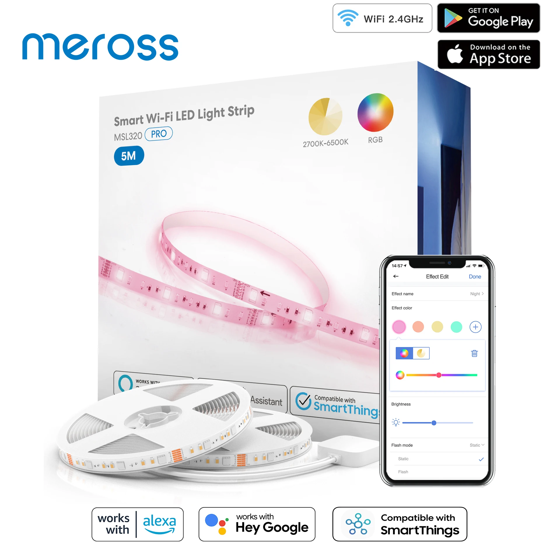 

Meross Smart LED Strip Lights RGBWW WiFi Strip Led Lights for Bedroom TV Party Work with Alexa Google Assistant and SmartThings