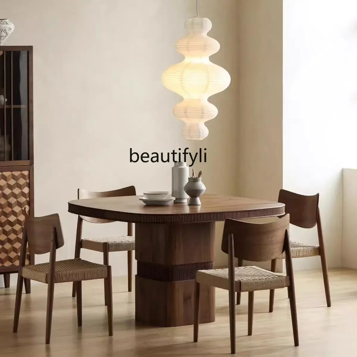 03.Medieval style black walnut table wabi-sabi style square rounded corner dining table pure solid wood round table