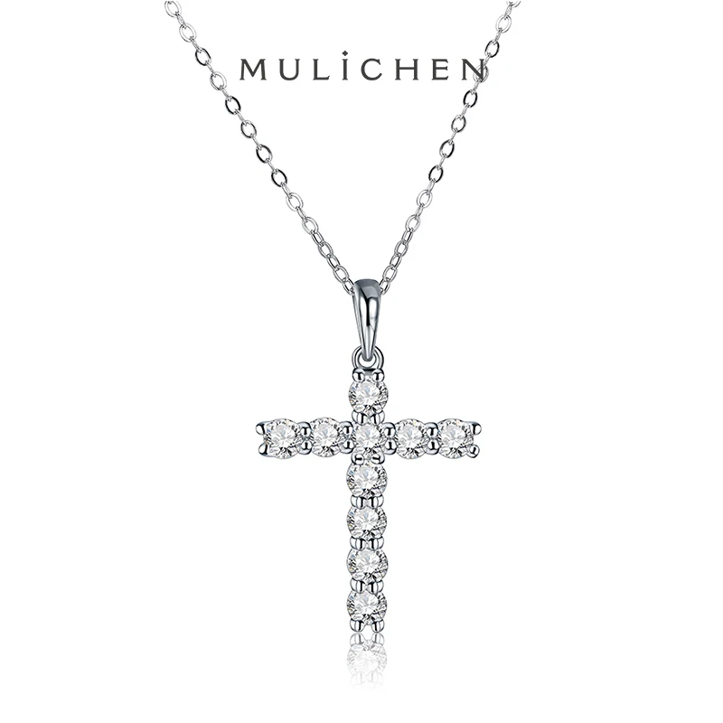 MULICHEN 3.5mm Moissanite Diamond Cross Necklace Accessories For Women 925 Sterling Silver Jewelry Real Certified Zircon Pendant