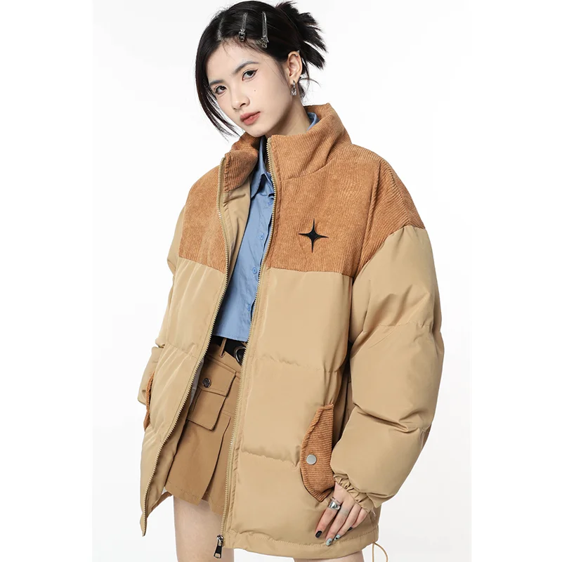 Women Khaki Down Jacket Stand Collar Splicing Color Contrast Fashion Thickening Warm Feather Female Puffer Winter New Outwear