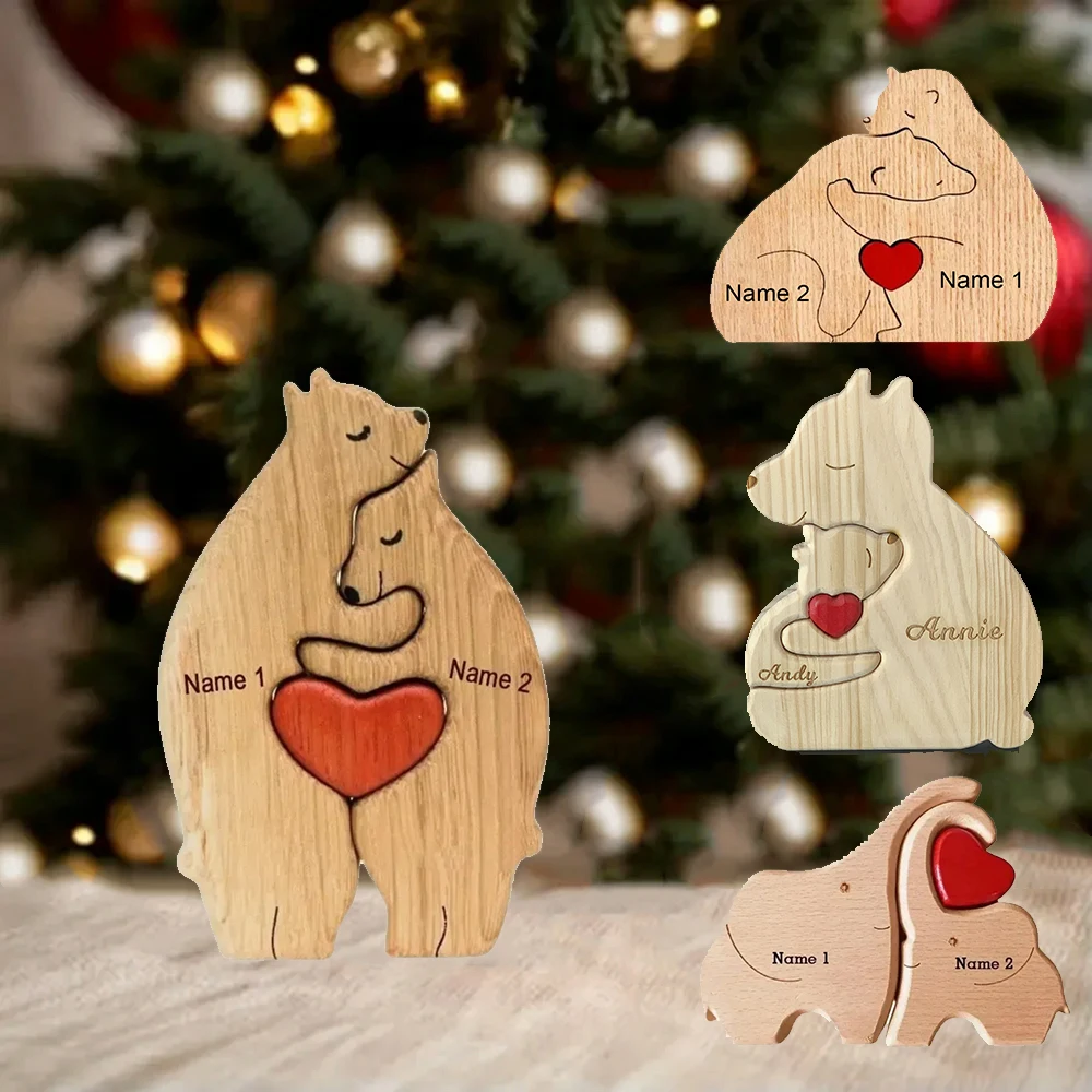 Animal Bear Elephant Family Ornaments Free Engraving Custom Name DIY Wood Carving Desktop Decoration Mother's Birthday Gift