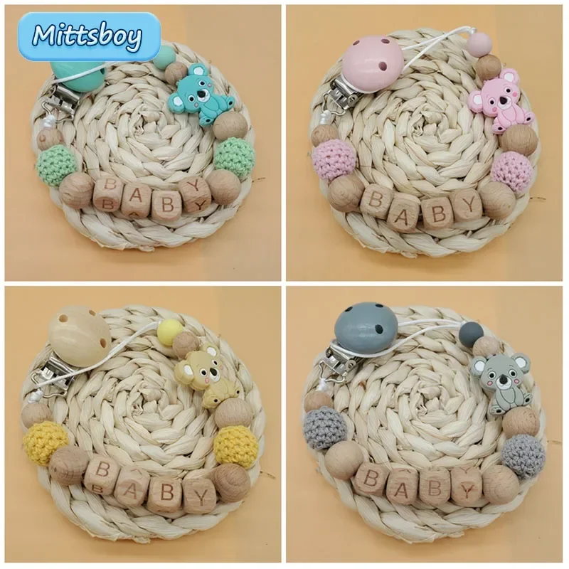 Free Personalized Name Handmade Silicone Baby Wooden Dummy Pacifier Clip Safe Teething Chain Teether Pacifier Chain Holder Chain