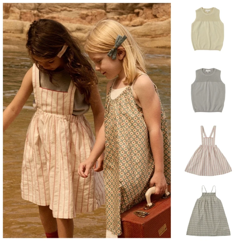 Children's Set BENE Same Style 2026 Summer All-cotton Knit Vest Cotton Yarn Knitted Tank Top Set Girls' Halter-printed Dress