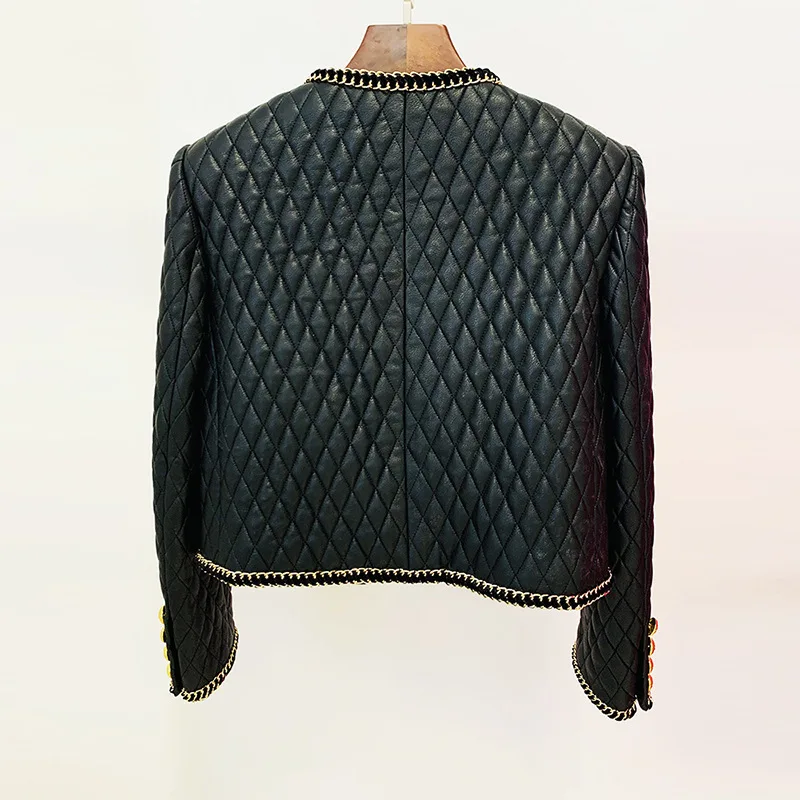 2025 Star Fashion New Heavy Industry Chain Edge Decoration Diamond Grid Leather Cardigan Jacket