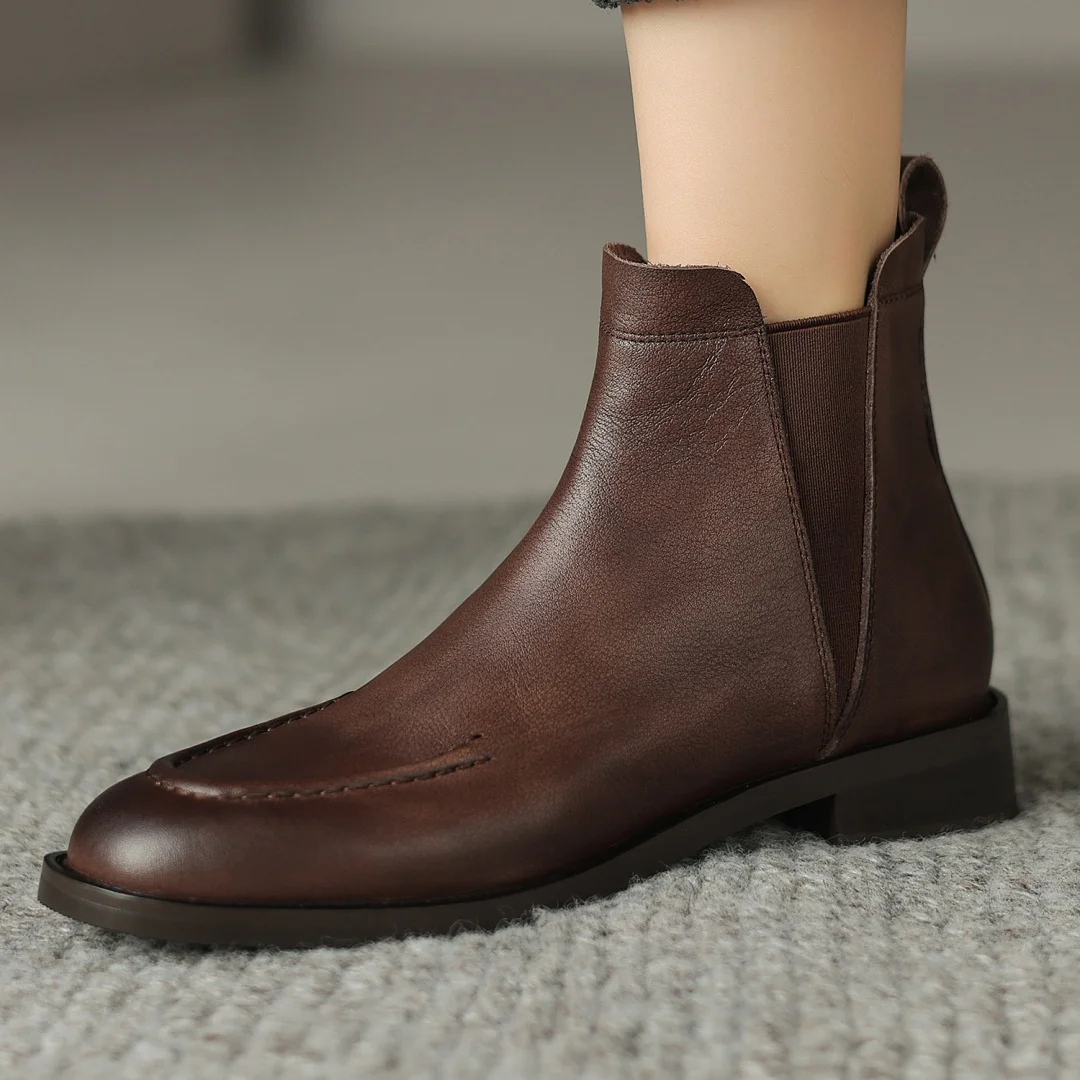 

Women's cow leather elastic fabric patchwork round toe gradient color slip-on autumn ankle Chelsea boots causal soft short boots