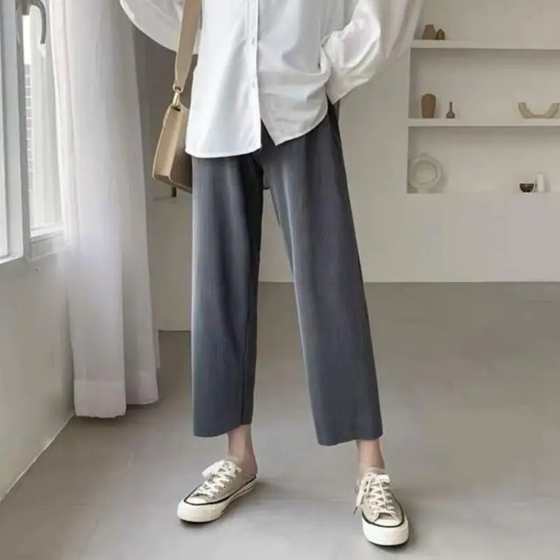 Women Autumn Simplicity Loose Office Lady Solid Color High Waist Appear Thin Wide Leg Ladies Casual All-match Cropped Pants