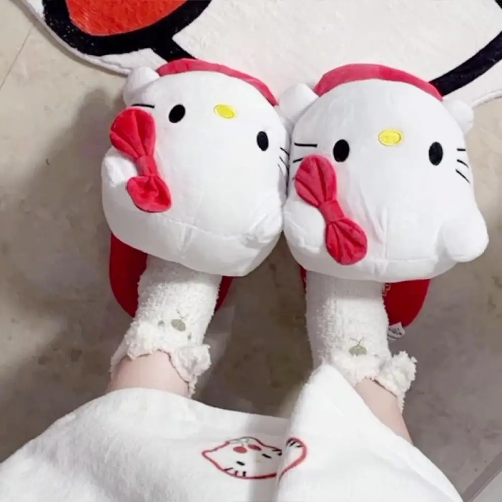 Sanrioed Hello Kitty Big Head Women Plush Slippers Anime Kawaii Cartoon Home Cotton Shoes Winter Warm Girly Heart Student Indoor