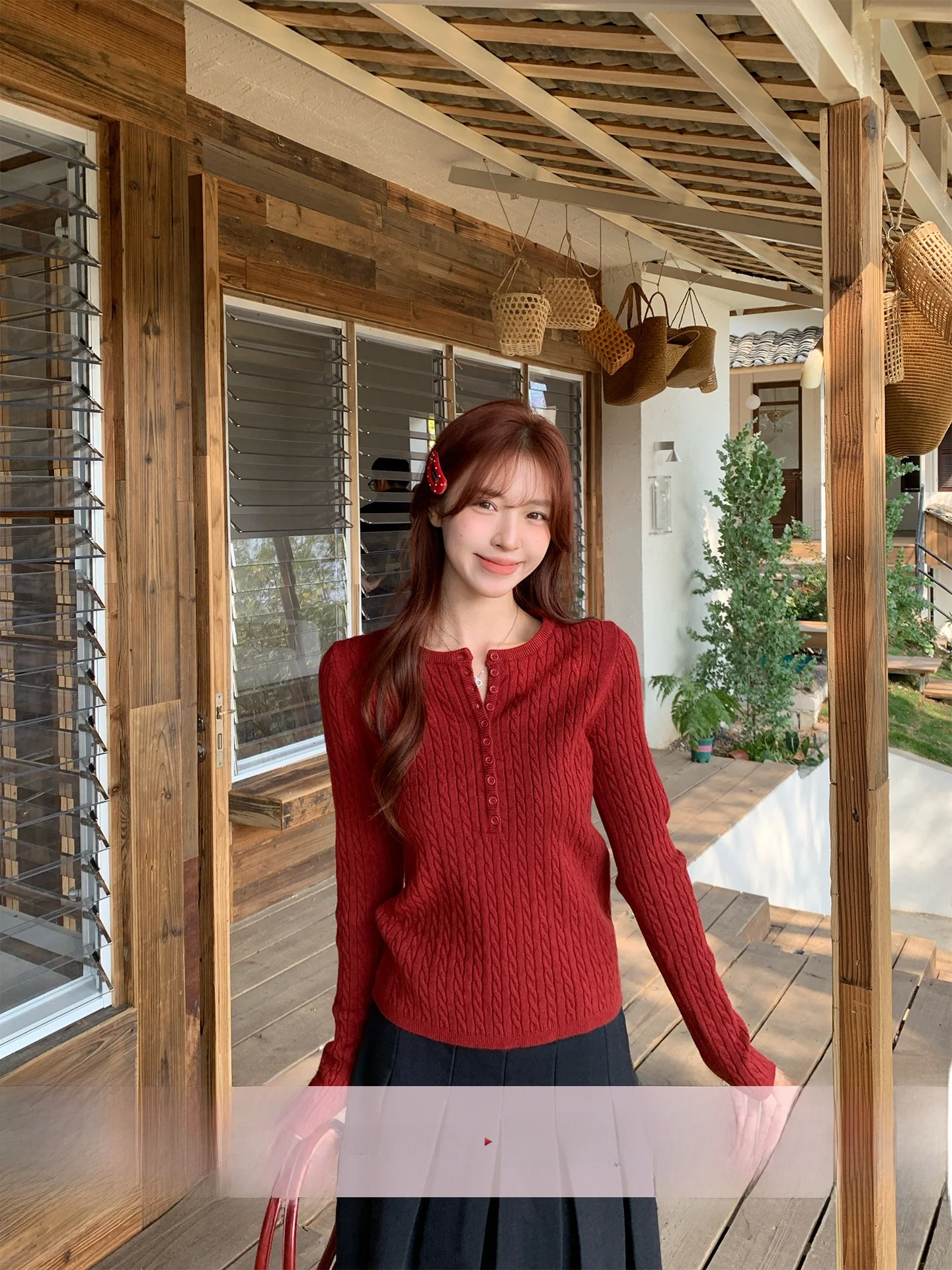 

Morning Bloom Red Knitted Twisted Cable Sweater Women's ort Henry Collar Spring Inner Wear Casual Korean Sle Fce Soft