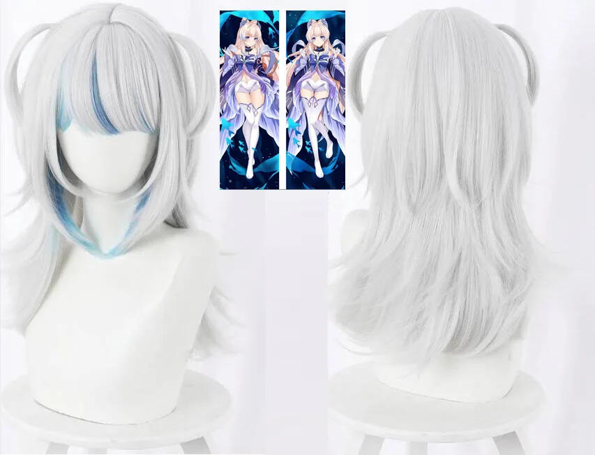 Gawr Gura parrucca Cosplay 55cm argento bianco blu parrucca Cosplay parrucche Anime parrucche sintetiche resistenti al calore Dakimakura federa