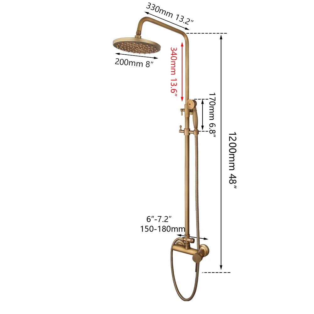 Antique Brass Bathroom Shower Set Flexible Retro Vintage Brass Wall Mount 8 inches Shower Head Control Valve Hand Sprayer