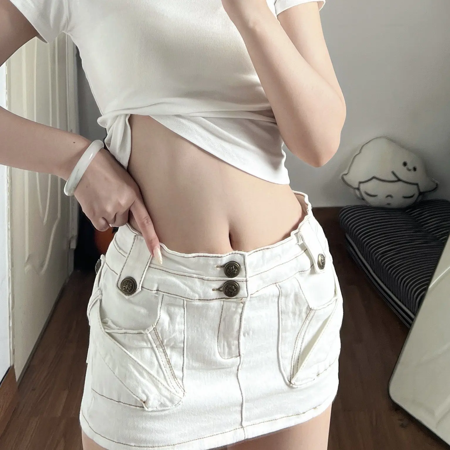 White Tooling Denim Skirt Women Design Sense Low Waist Thin Spice Girl Hot Pants Culottes
