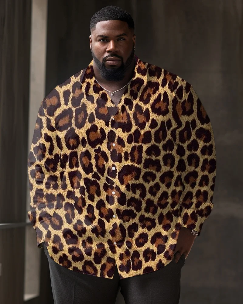 Men's Plus Size Long Sleeve Button-Up Shirt, Allover Animal Print with Leopard and Stripe Options for Casual Vacation Wear