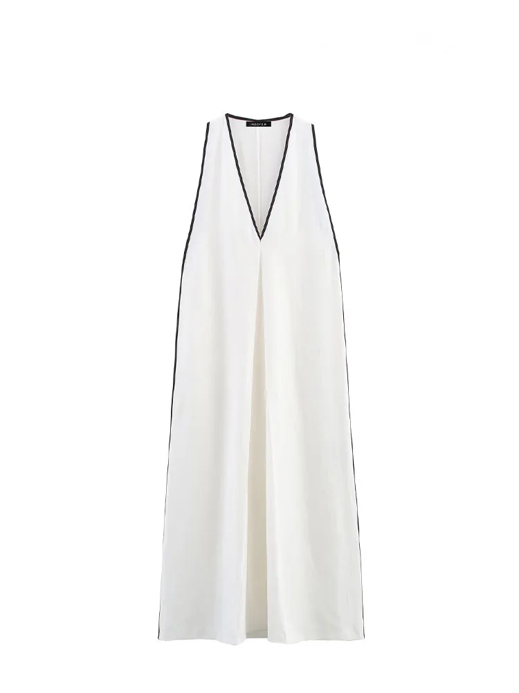 Hh férias femininas novo sólido com decote em v linho mistura midi vestido de verão feminino bainha dividida moda sexy sem mangas vestido longo