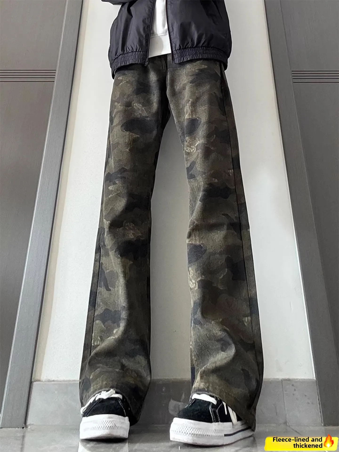 

American Style Fleece Lined Camouflage Jeans Men's Thick High Street Slim Straight Workwear Trousers Tall Micro Flared Pants