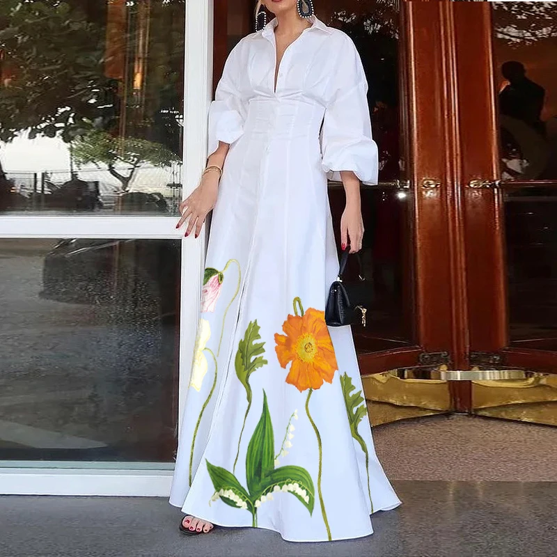 Modigirl Sommer-Damen-Maxikleid mit Blumendruck, 2025, neues Revers, geknöpfte Puffärmel, Geburtstag, Falten, A-Linie, langes Hemdkleid