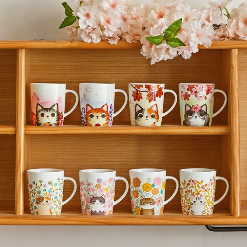 Japanese Cat Ceramic Mug, Cute Coffee Mugs, Cherry Blossom Cat Breakfast Milk Cups, Office Home Couple Water Cup, Birthday Gift