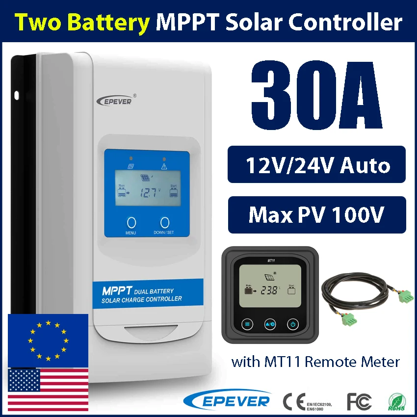 30A MPPT Solar Charge Controller Two Battery 12V/24V Auto Max PV 100V EPEVER Regulator For Motorhome RVs With MT11 Monitor