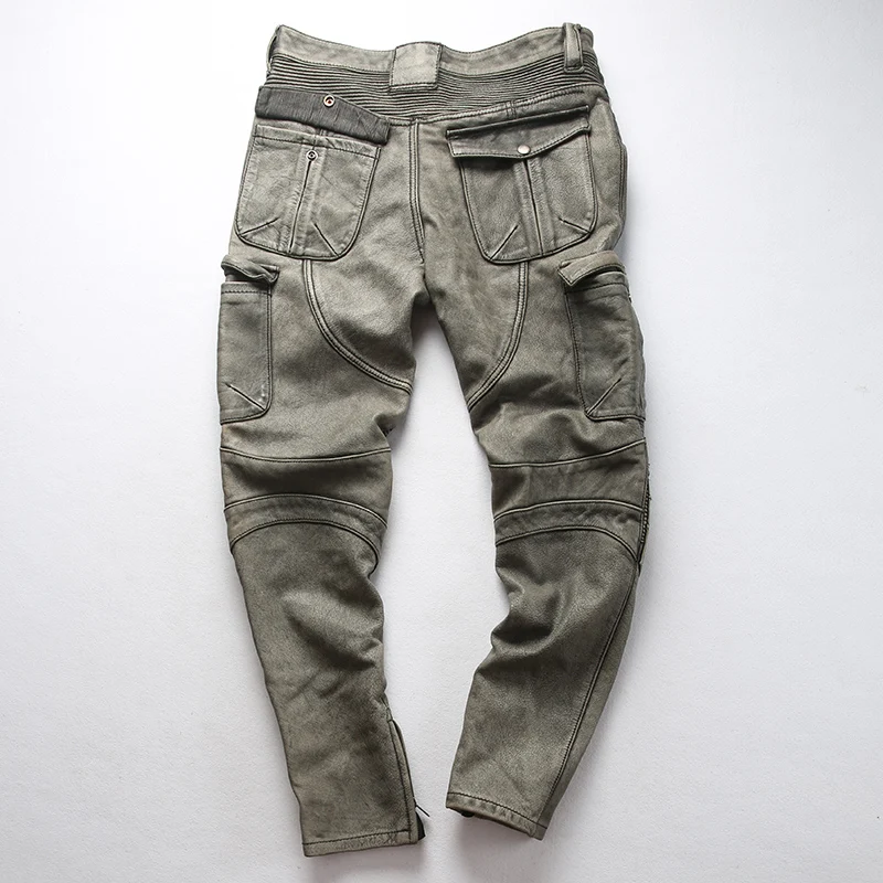 Men's real leather pantsuit do old long pants can be installed with protective gear multi pocket cowhide full grain cow leather