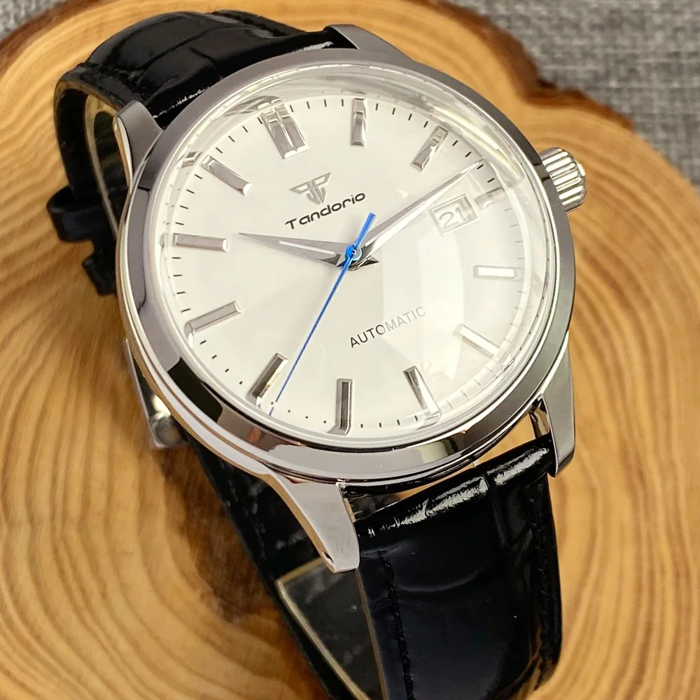 NH35A Tandorio Diving 20ATM Steel Mechanical Watch Men Silver Index Dome Sapphire Crystal White Blue Dial Leather Band Rejor