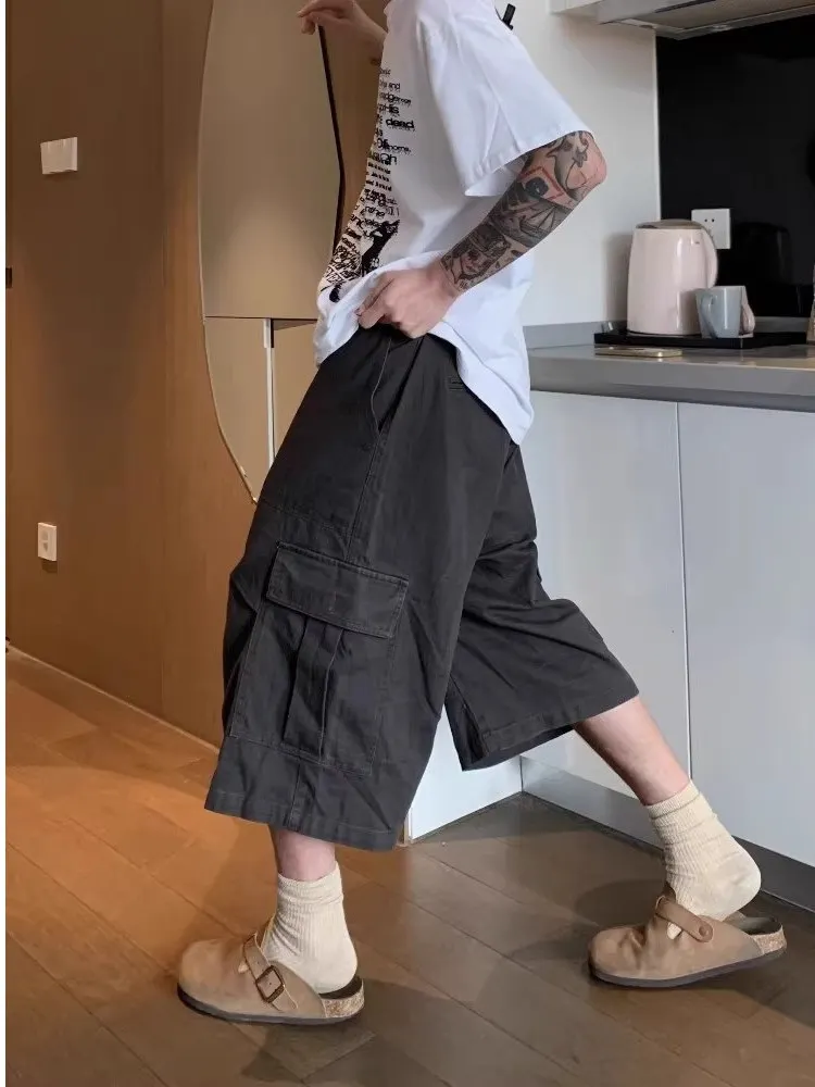 

Japanese Sle Worn-In Workwear orts Men's Summer Trendy High Street Loose Logging Seven-Foot Pants Straight Leg Zipper Fly