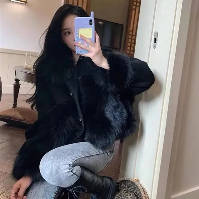 Mulheres coreanas mangas compridas de pelúcia outwear inverno moda feminina curto casaco de pele de vison 2025 senhoras retalhos solto jaqueta de pele do falso