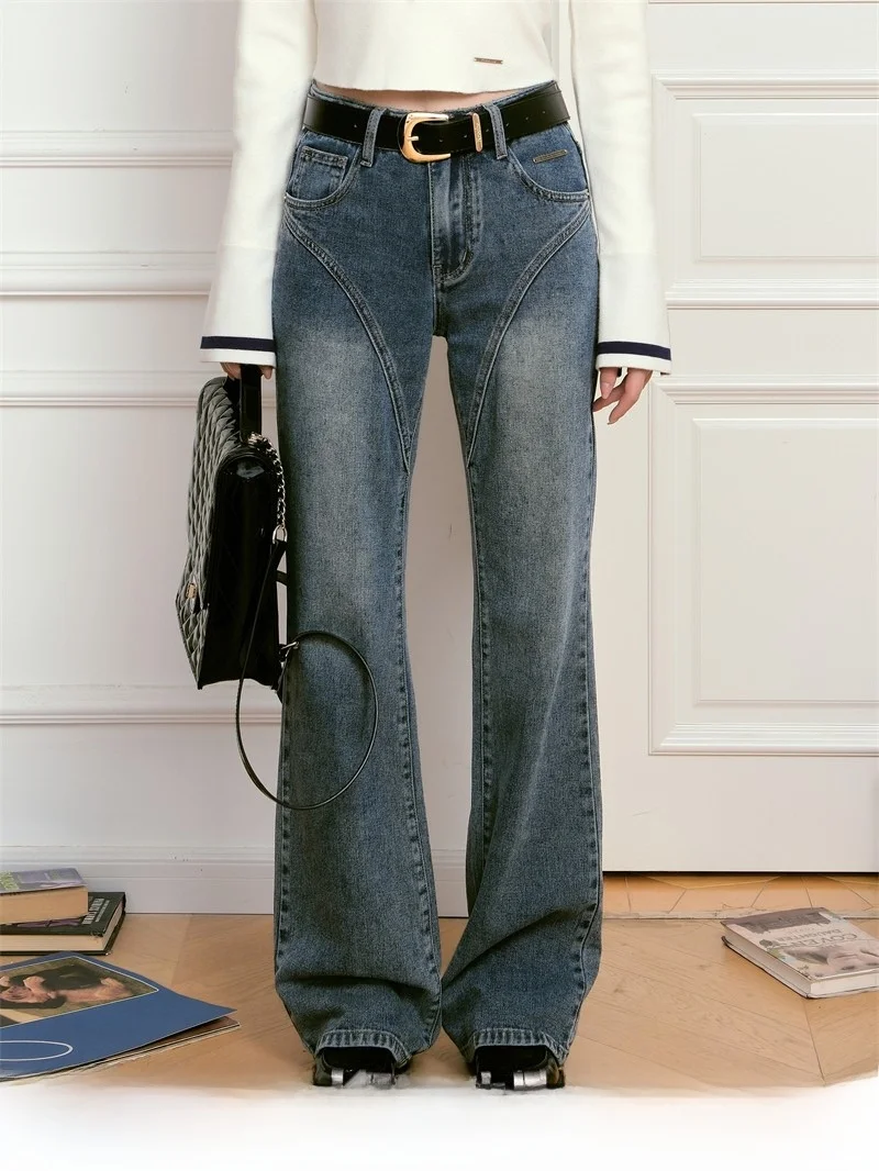 

Джинсы-колокольчики с низкой талией в стиле ретро, эластичные джинсовые брюки для похудения, сплит-дизайн, Cleanfit Sle для молодых женщин