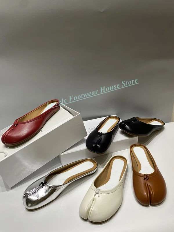 Comfortable Flat Heel Split Toe Woman Leather Mules Shoes Slip On Female Lady Summer Sliver Black Beige Red Slippers Shoes