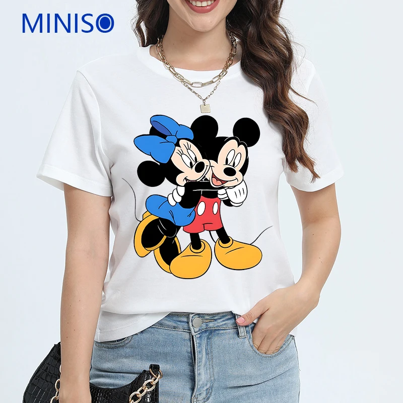 

Clothing Disney Mickey Minnie Printed Cotton Black t-Shirt Women Couples Loose Top Plus Size Top Ladies Trends 2025 New Clothes