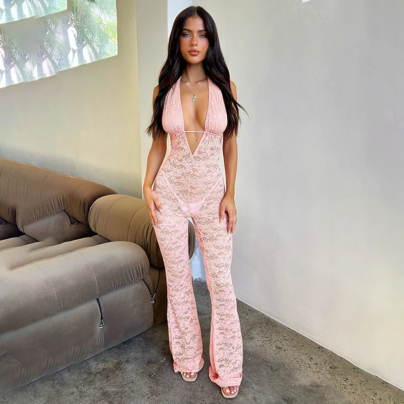 

Women's 2024 Summer New Solid Color Lace Halter Large Backless Strap Jumpsuit Elegant Sexy Party Club Outfit