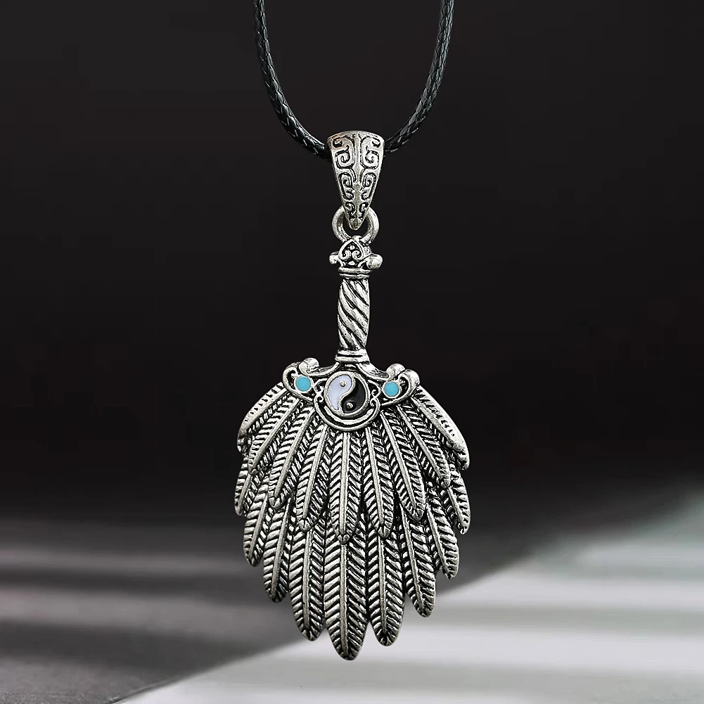 

Chinese Taiji Feather Fan Pendant Necklace for Women Men Zhuge Fan Alloy Charms Hanfu Clothing Accessories Ethnic Jewelry Gift