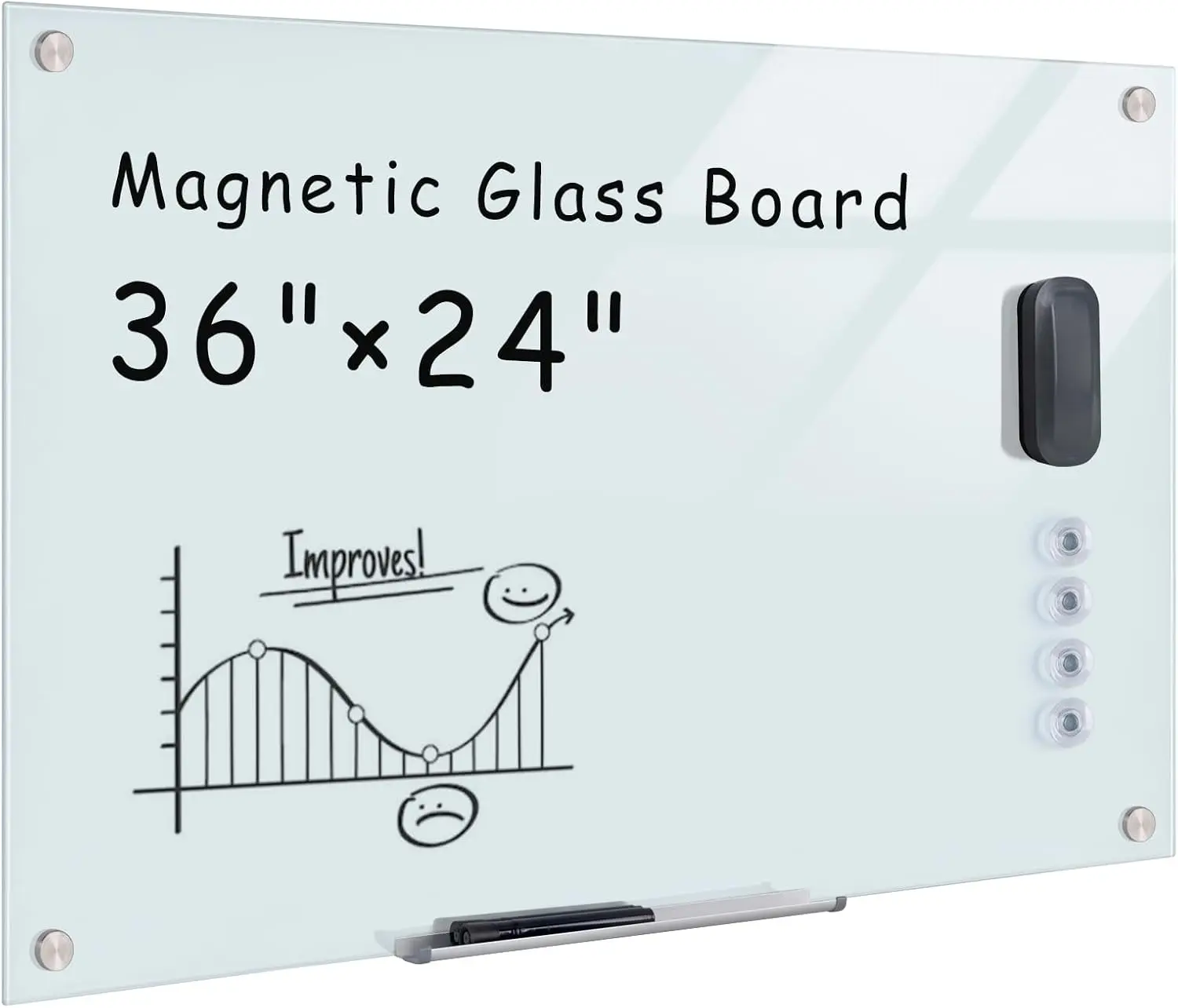 

36x24 Inch Magnetic Glass Whiteboard, Frameless Wall Mounted Dry Erase Board for Office, Home & School Use